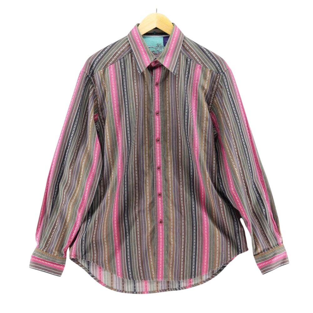 Robert Graham Shirt Men's L Brown Stripe Long Sleeve Button Contrast Cuff Casual